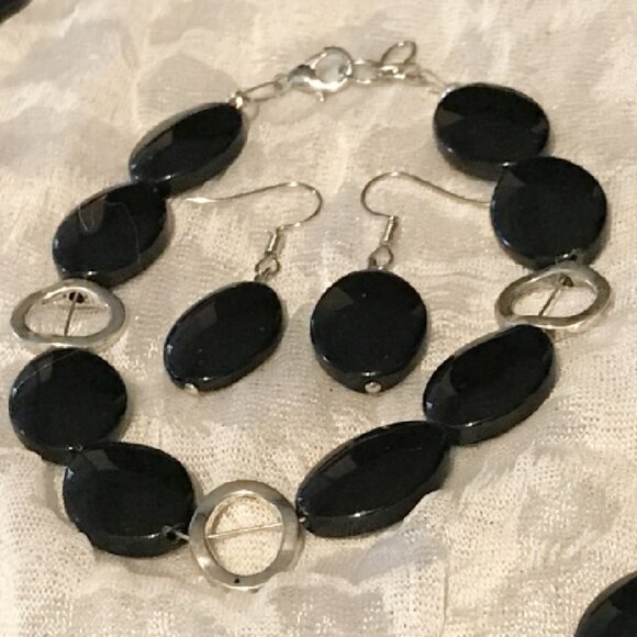 Black & Silver Metal Beaded Necklace, Bracelet, Earrings Set - Picture 2 of 2